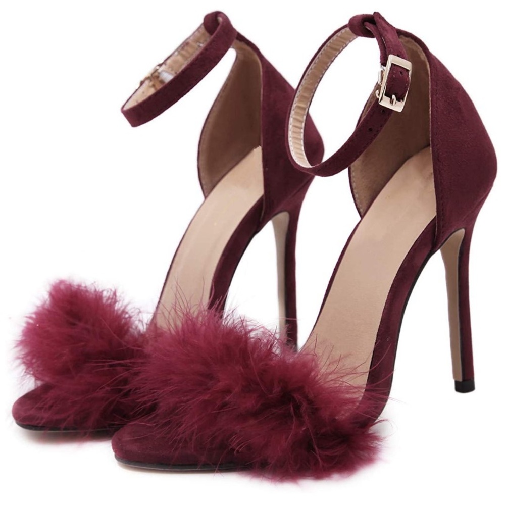 Burgundy Fluffy Fuzzy Open Toe Ankle Strap…